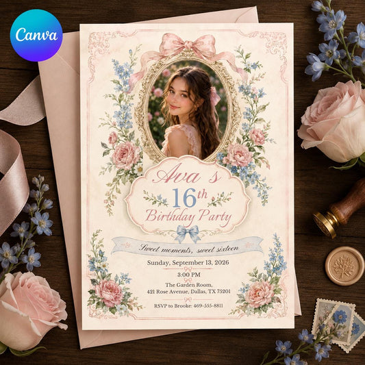 Blush Pink Coquette Sweet 16 Photo Invitation — editable Canva template