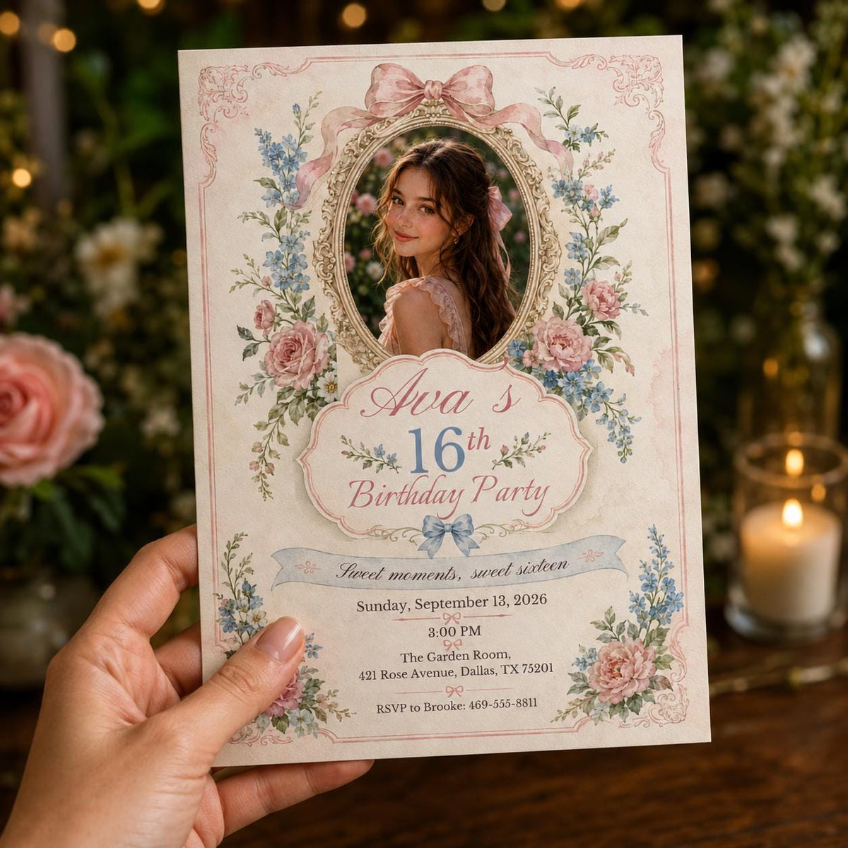 Blush Pink Coquette Sweet 16 Photo Invitation — print-ready sweet 16 design from VoltBy