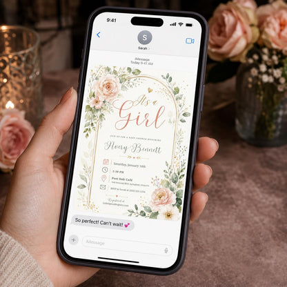 Blush Pink Elegant Baby Girl Shower Invitation — floral and greenery design