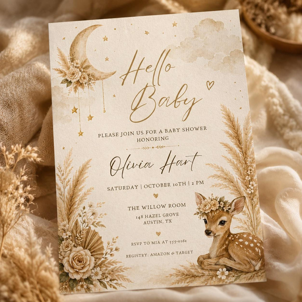 Blush Pink Elegant Boho Girl Clothesline Baby Shower Invitation — digital invitation, instant download