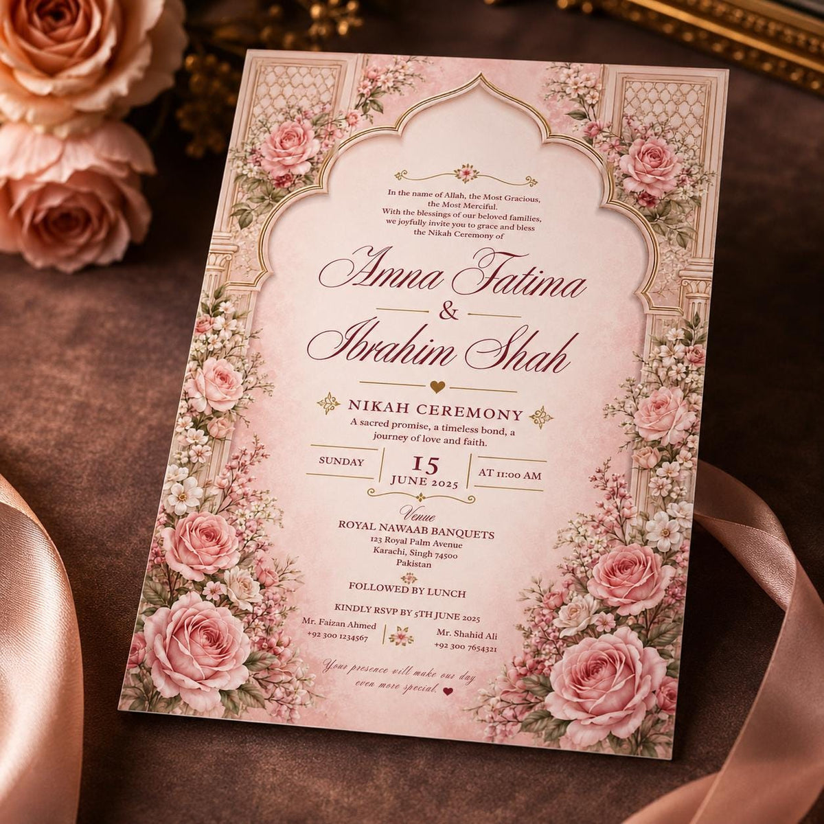 Blush Pink Elegant Nikah Invitation — invitation you personalize in Canva
