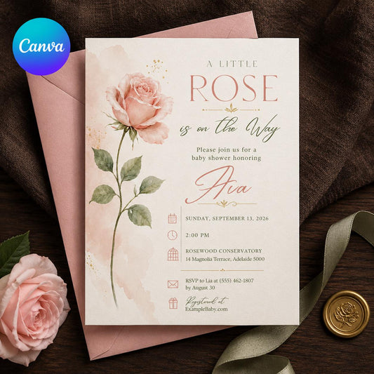 Blush Pink Elegant Rose Baby Shower Invitation for Girls — editable Canva template