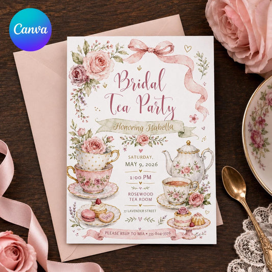 Blush Pink Floral Bridal Tea Party Invitation — editable Canva template