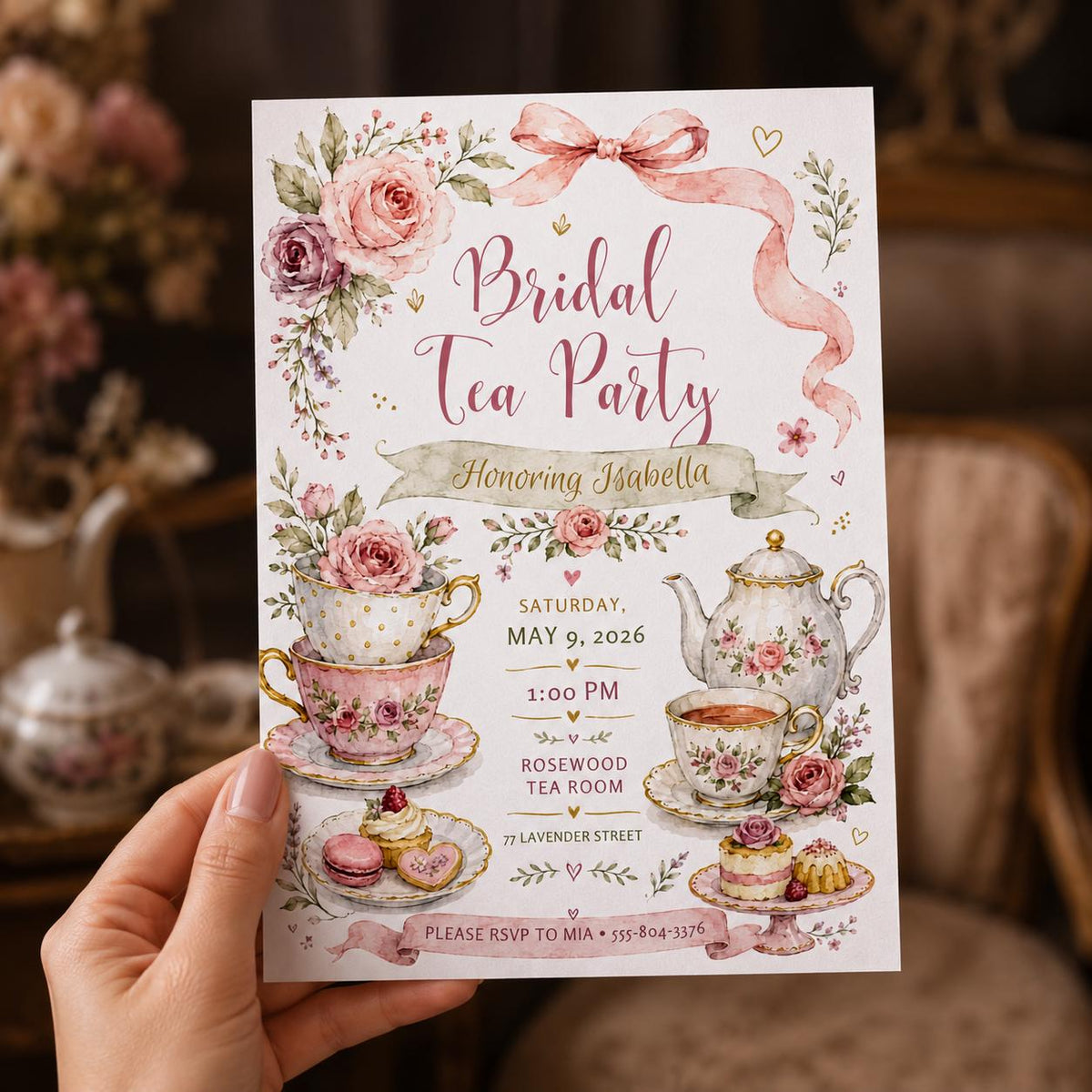 Blush Pink Floral Bridal Tea Party Invitation — digital invitation, instant download
