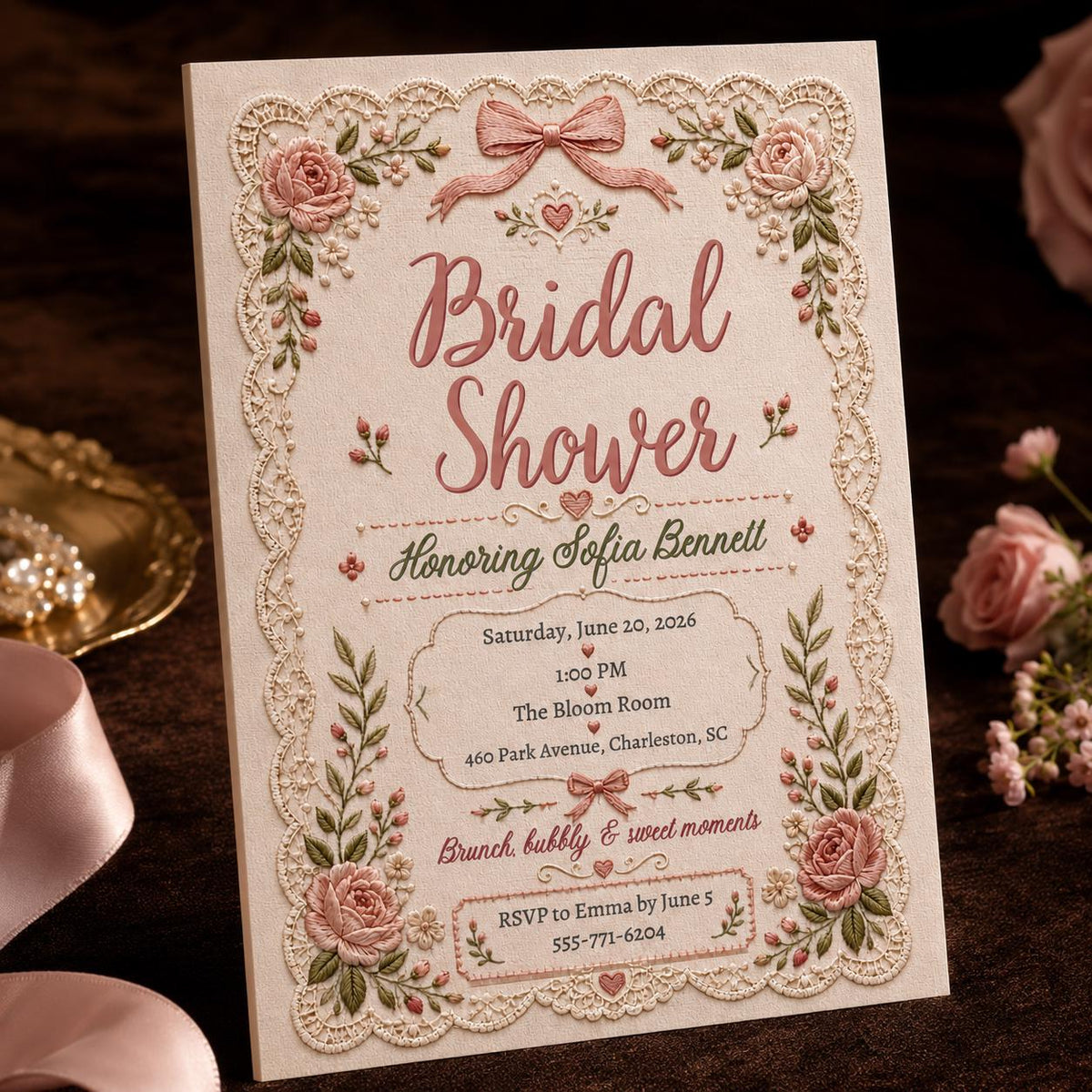 Blush Pink Vintage Bridal Shower Invitation — invitation you personalize in Canva