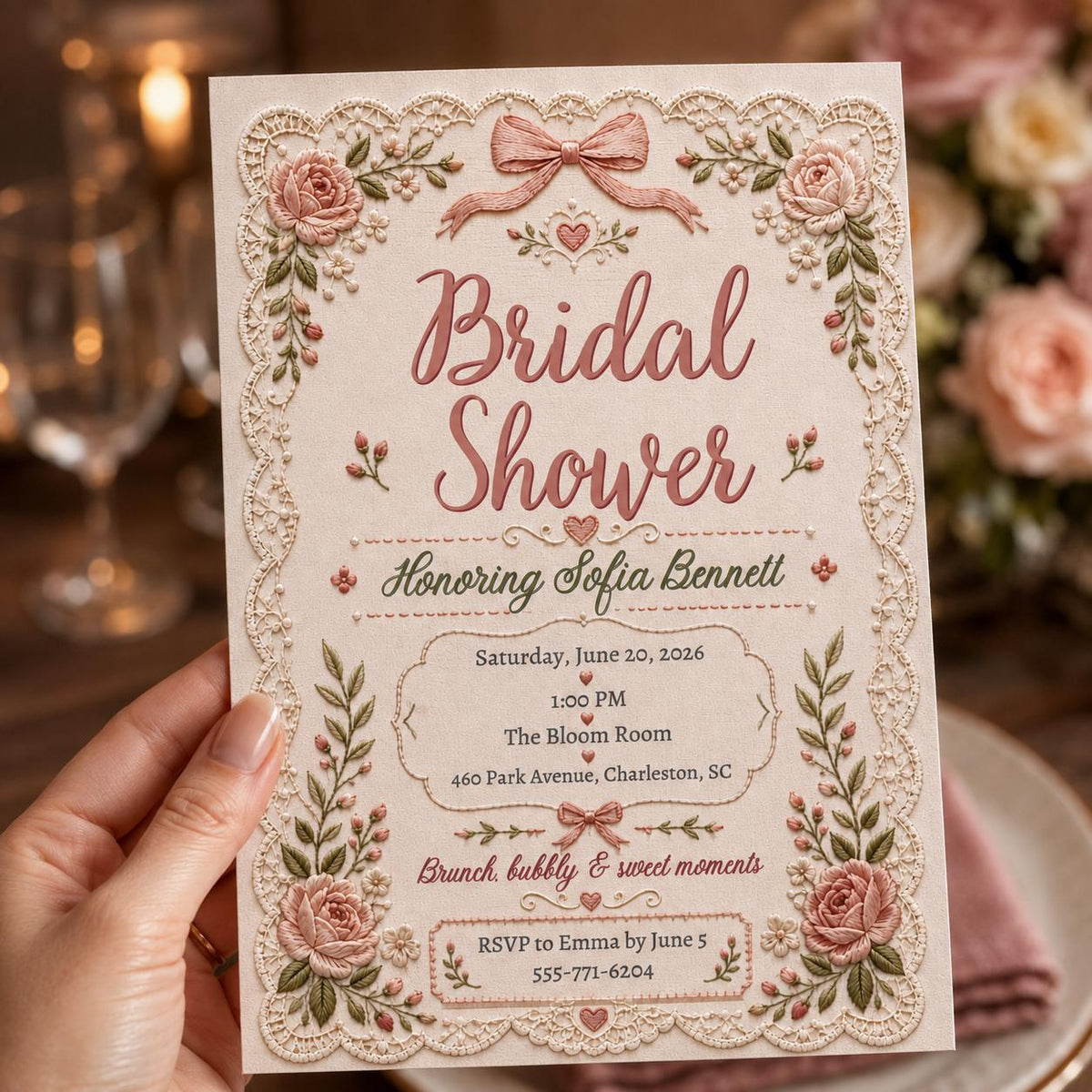 Blush Pink Vintage Bridal Shower Invitation — print-ready bridal shower design from VoltBy
