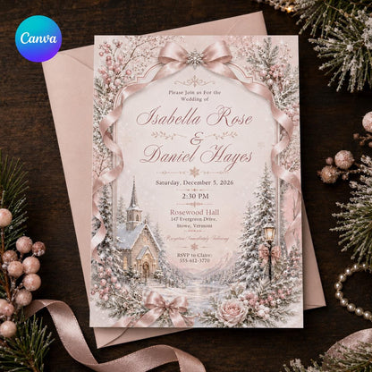 Blush Pink Winter Wedding Invitation — editable Canva template
