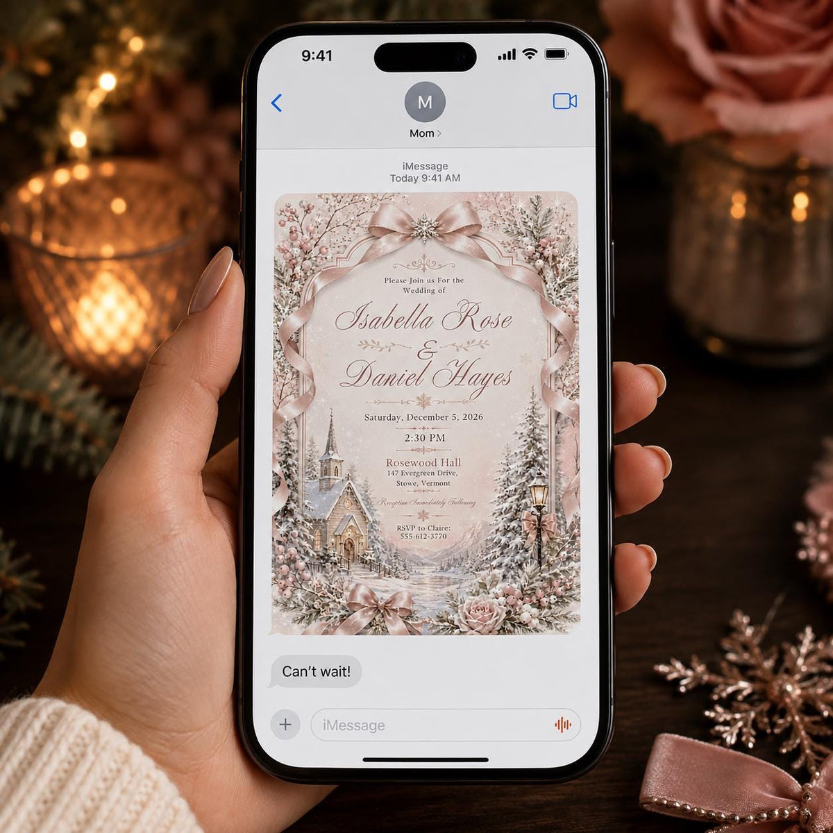 Blush Pink Winter Wedding Invitation — bow and chapel design