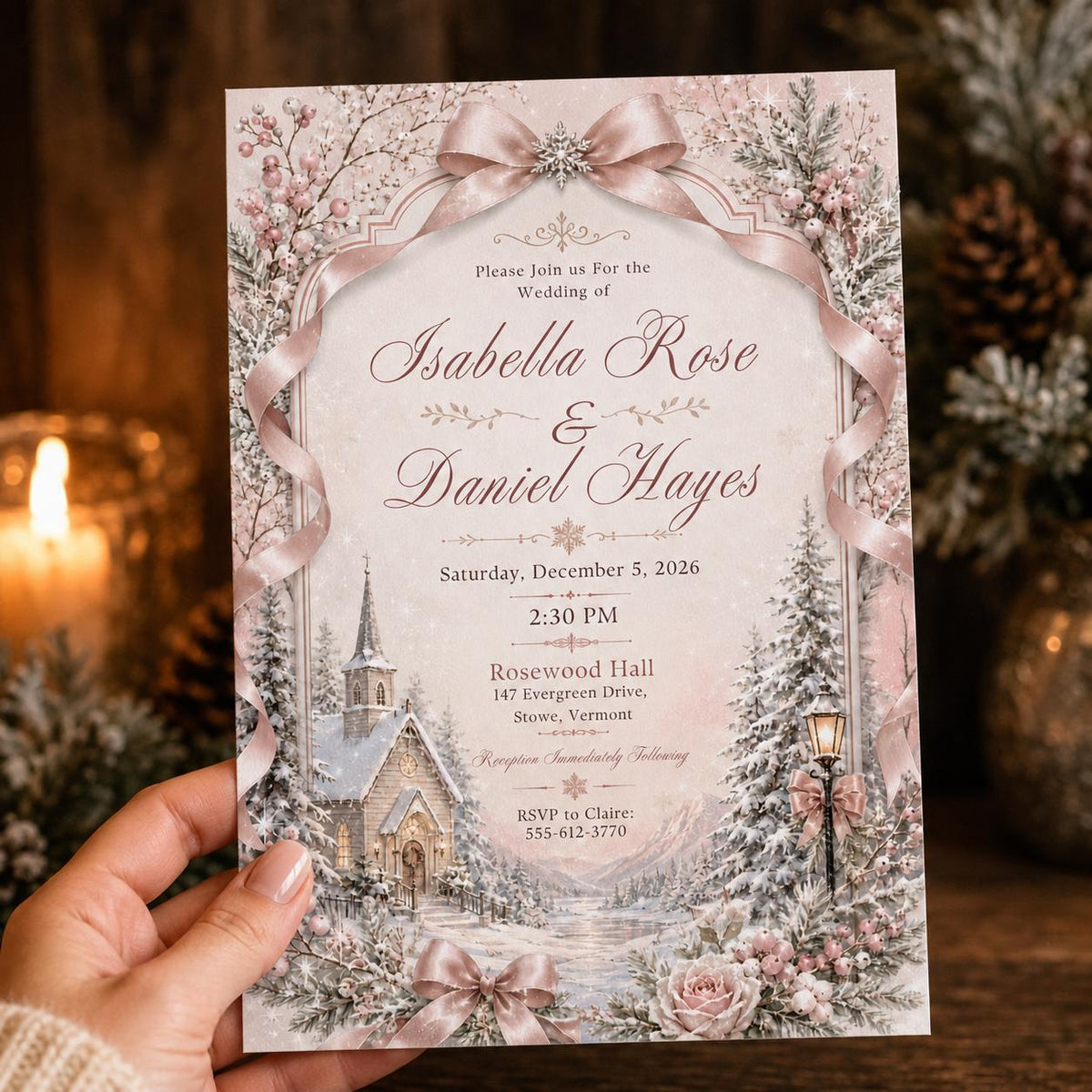 Blush Pink Winter Wedding Invitation — invitation you personalize in Canva