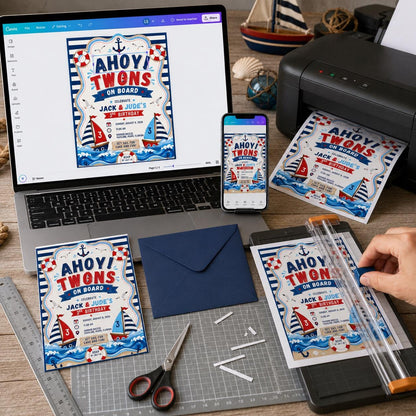 Boat Nautical Twin 3rd Birthday Invitation — pirate design
