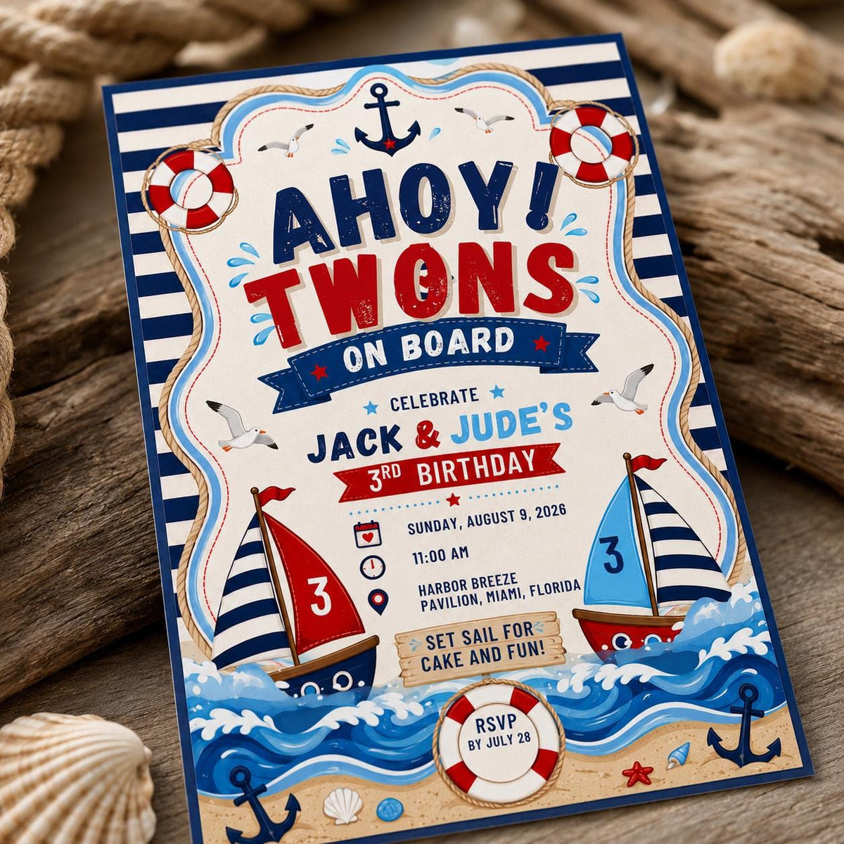 Boat Nautical Twin 3rd Birthday Invitation — invitation you personalize in Canva