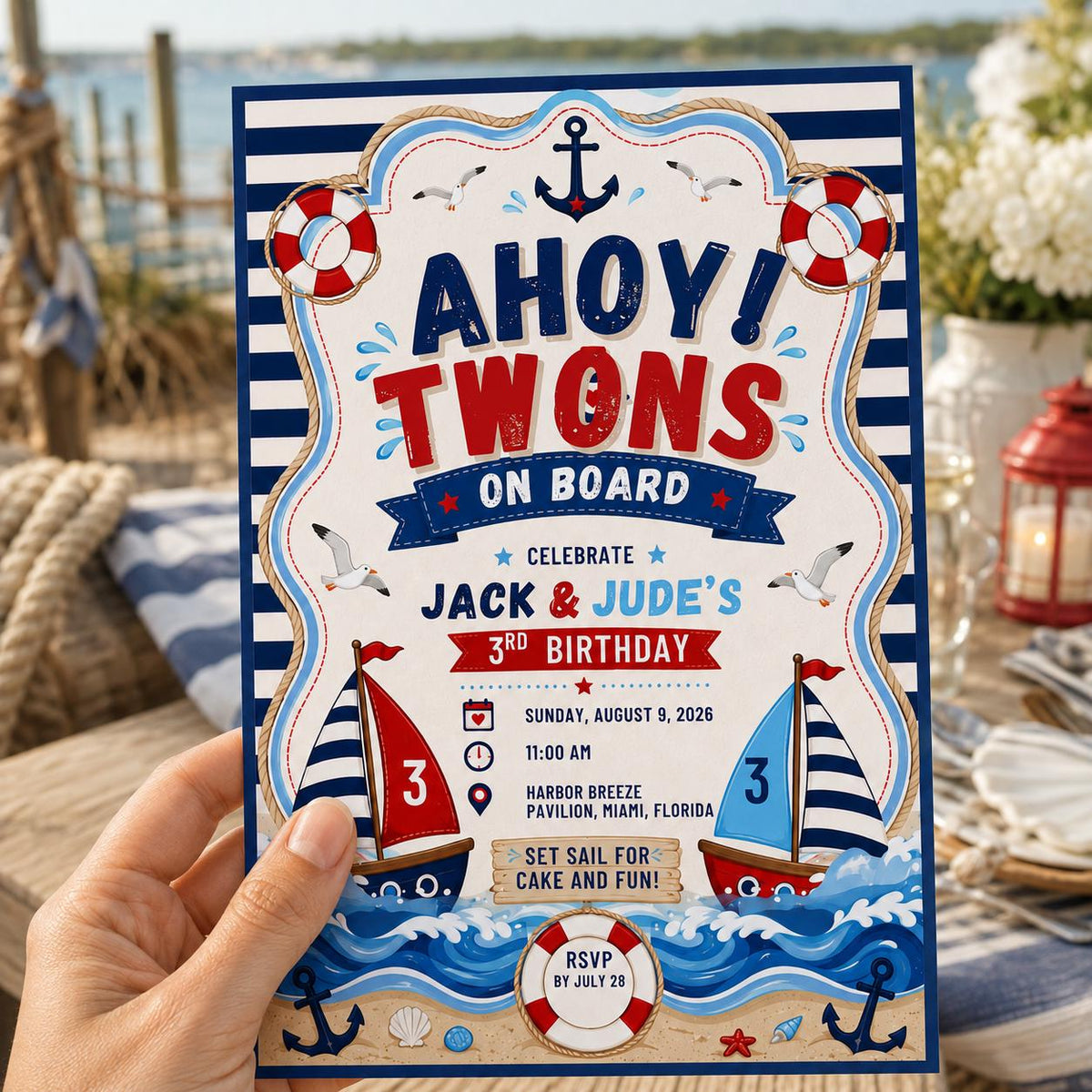 Boat Nautical Twin 3rd Birthday Invitation — print-ready 3rd birthday party design from VoltBy