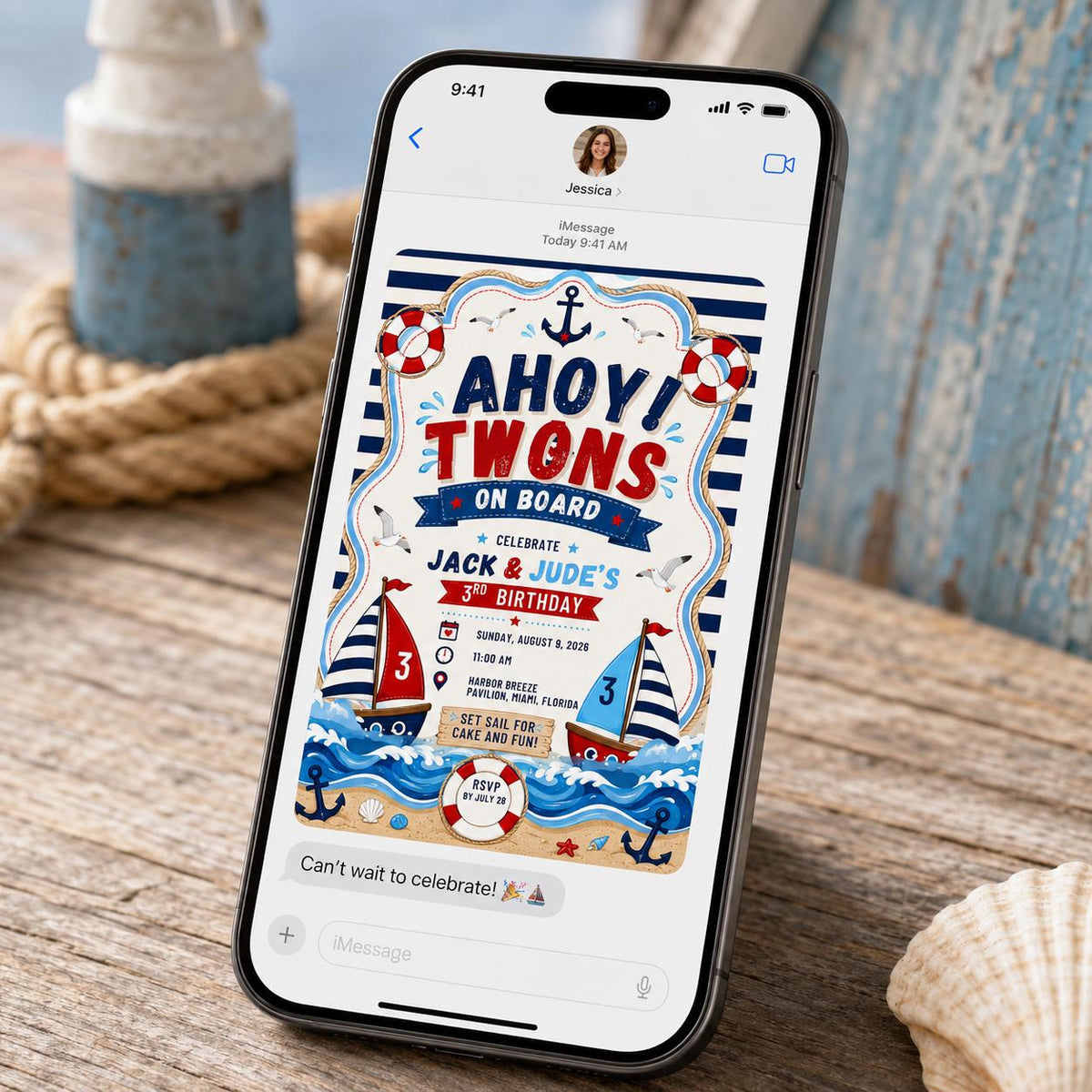 Boat Nautical Twin 3rd Birthday Invitation — digital invitation, instant download