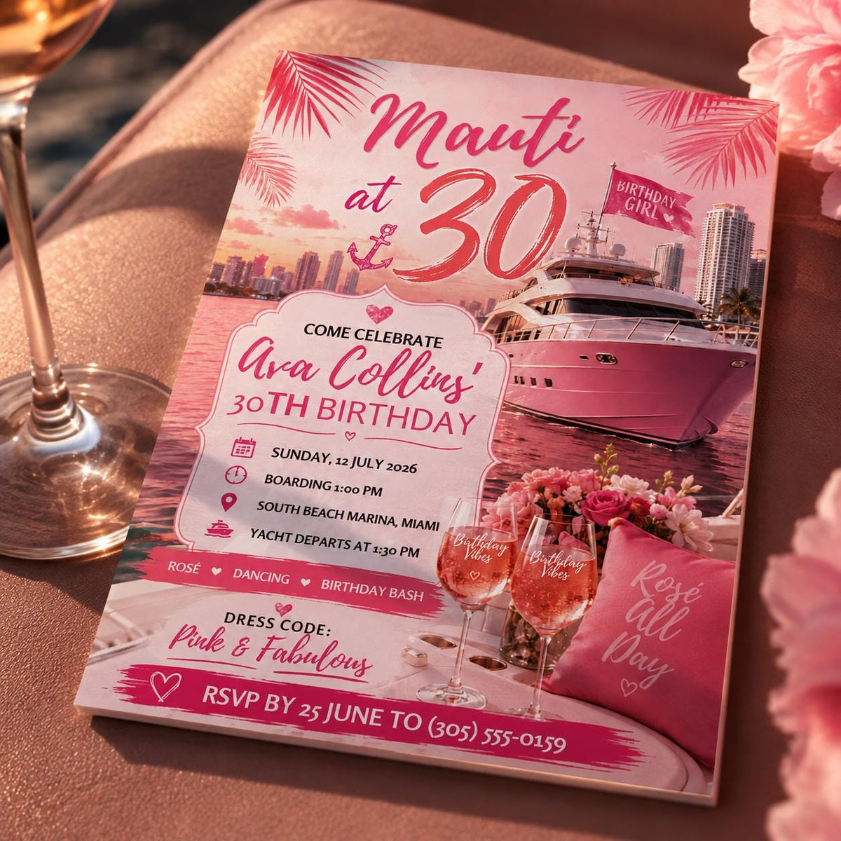 Boat Pink Yacht 30th Birthday Invitation — invitation you personalize in Canva