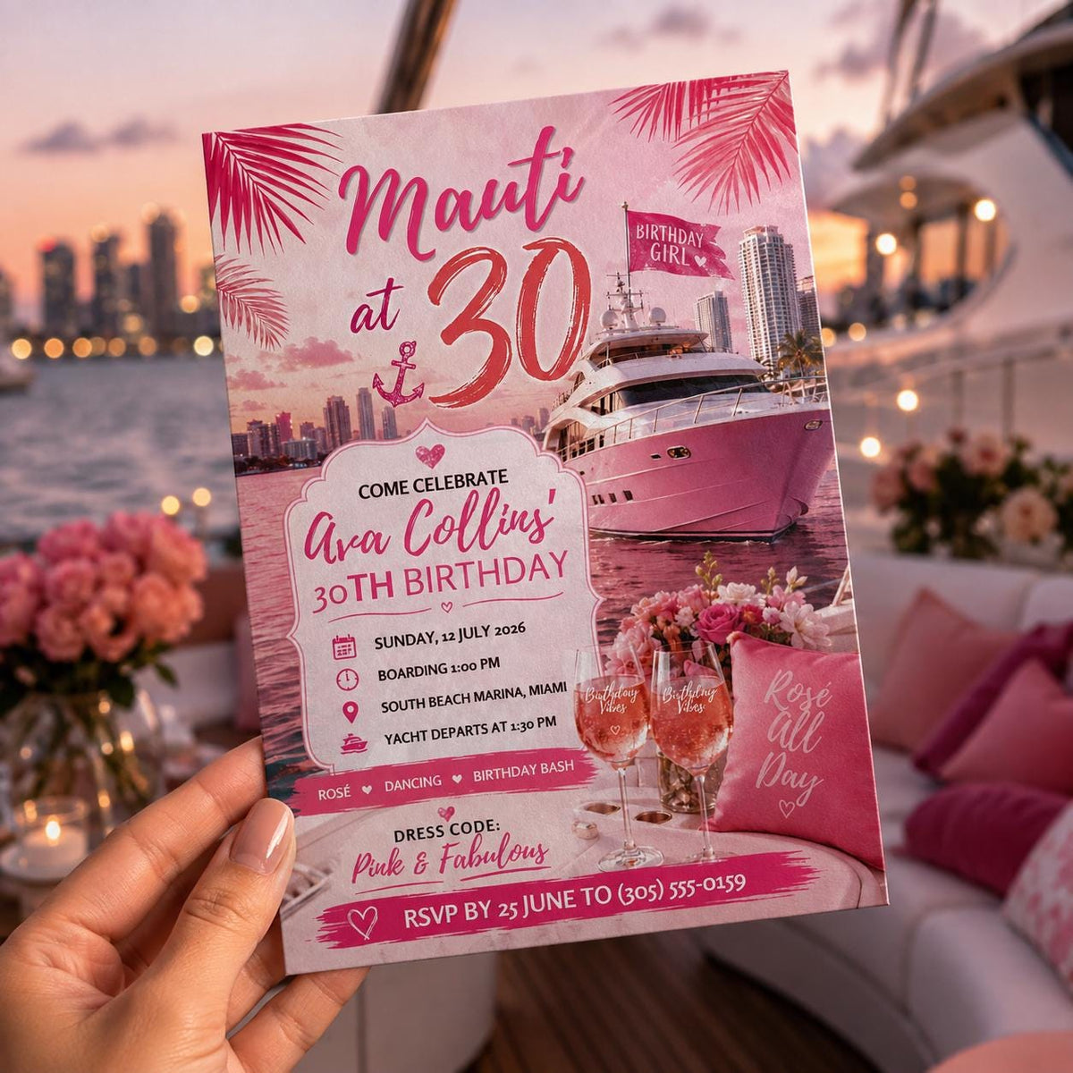 Boat Pink Yacht 30th Birthday Invitation — digital invitation, instant download