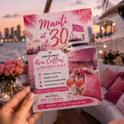 Boat Pink Yacht 30th Birthday Invitation — digital invitation, instant download