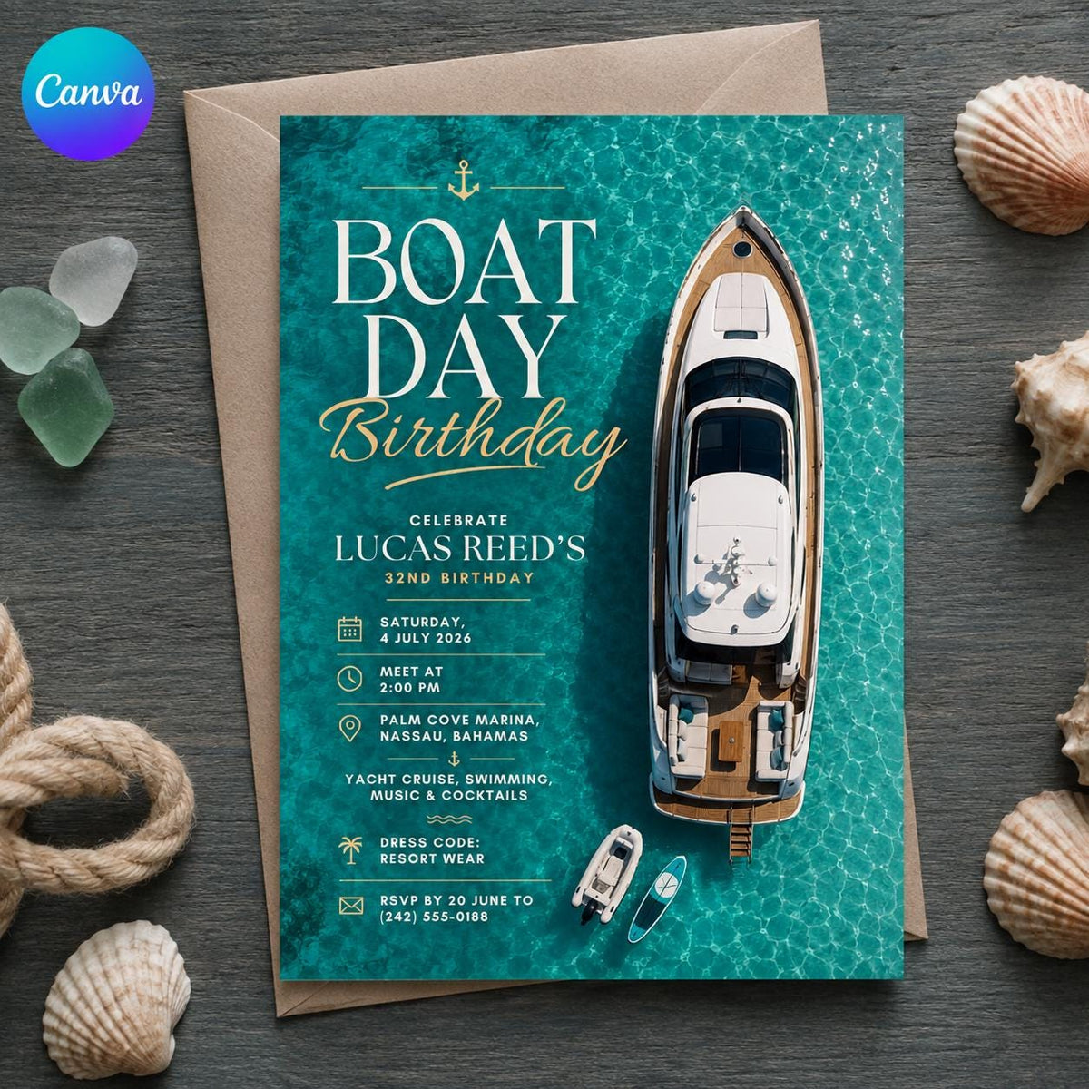 Boat Yacht 32nd Birthday Invitation — editable Canva template