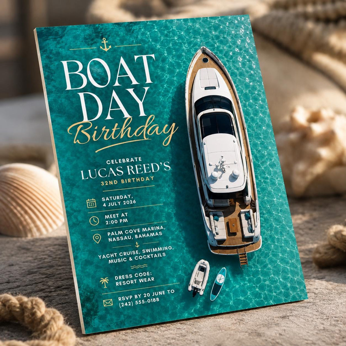 Boat Yacht 32nd Birthday Invitation — print-ready 32nd birthday party design from VoltBy