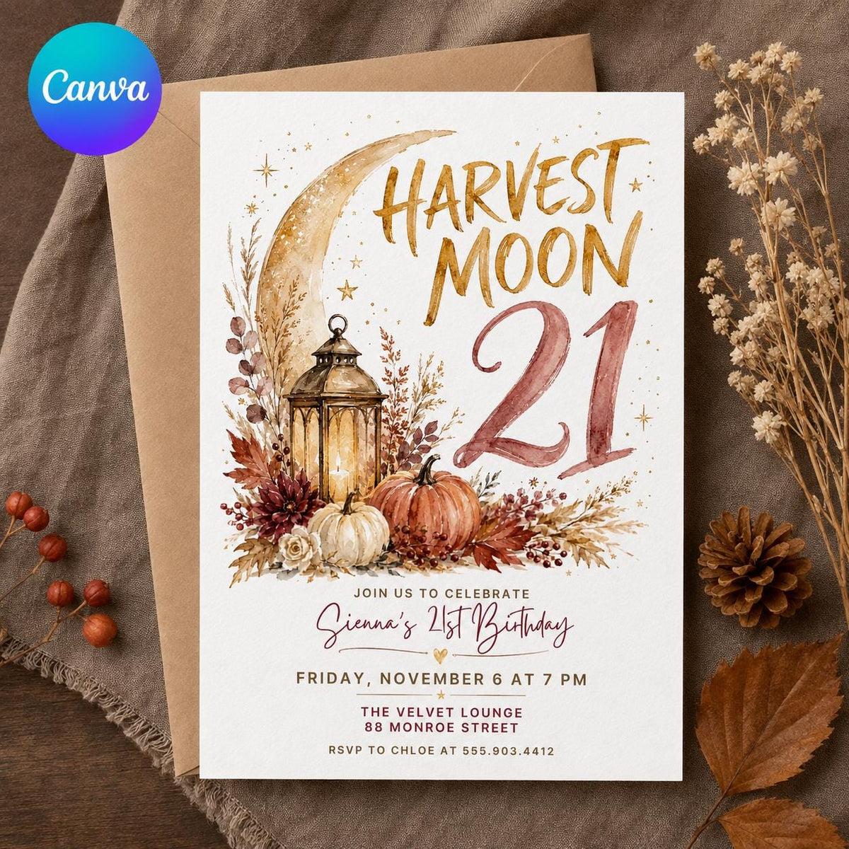 Boho Celestial Harvest Moon 21st Birthday Invitation — editable Canva template