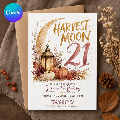 Boho Celestial Harvest Moon 21st Birthday Invitation — editable Canva template