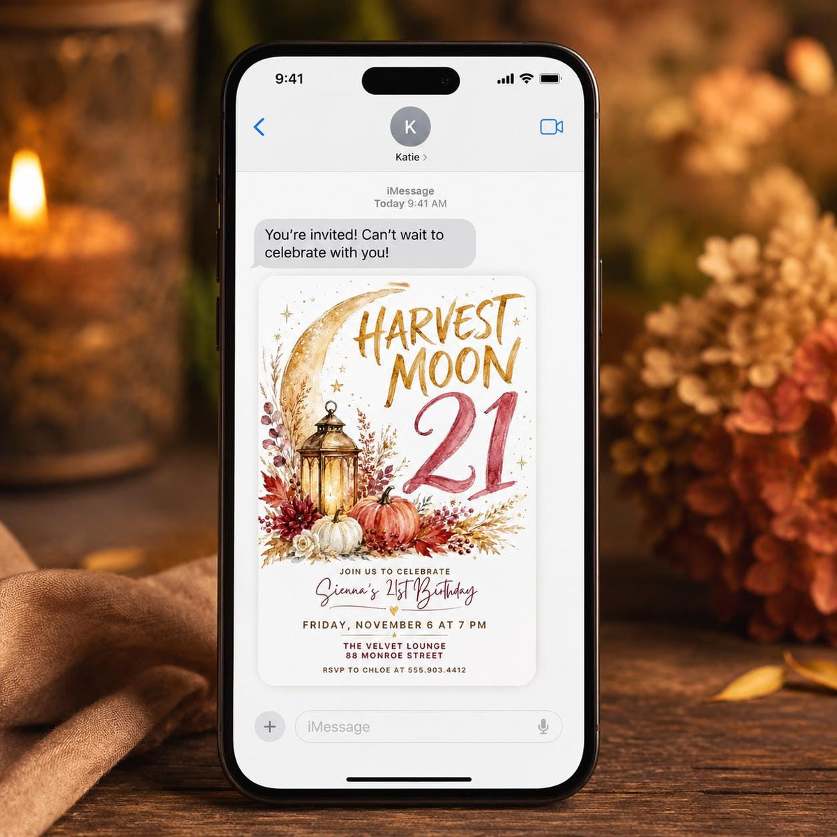 Boho Celestial Harvest Moon 21st Birthday Invitation — invitation you personalize in Canva