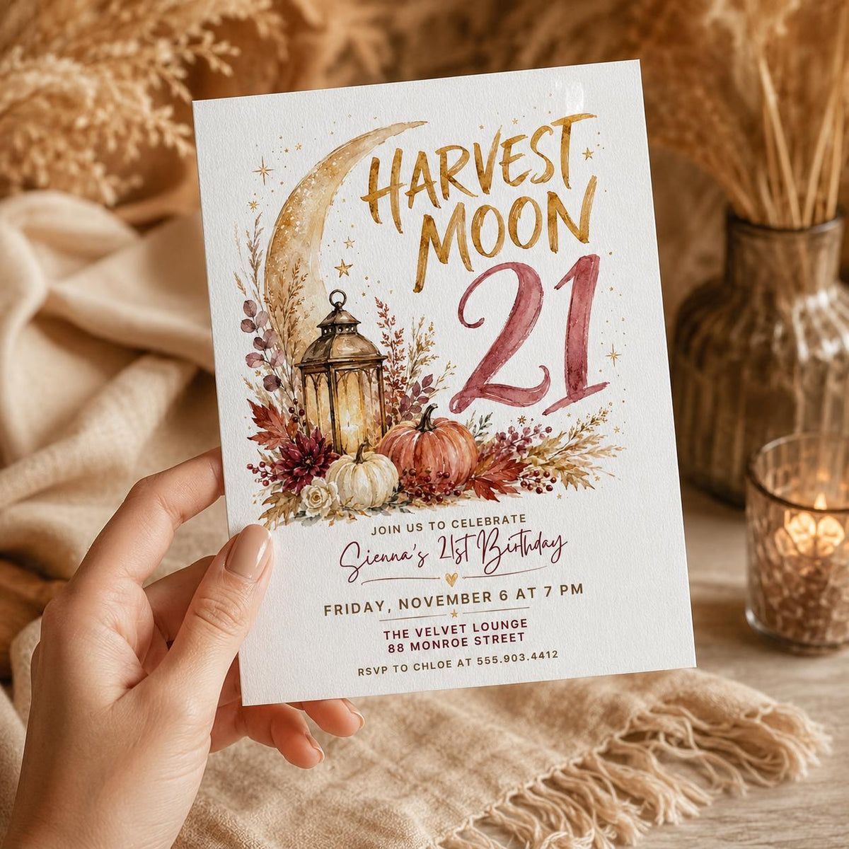 Boho Celestial Harvest Moon 21st Birthday Invitation — print-ready 21st birthday party design from VoltBy