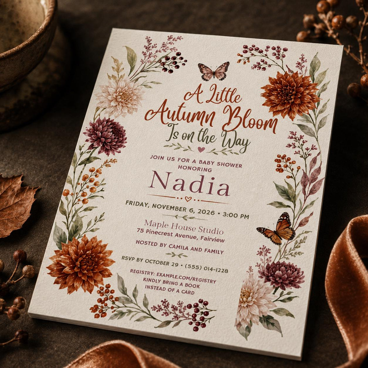 Boho Fall Floral Baby Shower Invitation — invitation you personalize in Canva