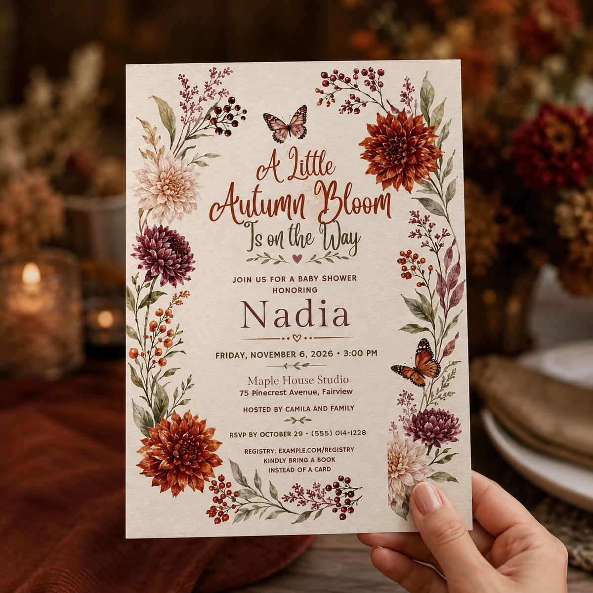 Boho Fall Floral Baby Shower Invitation — print-ready baby shower design from VoltBy