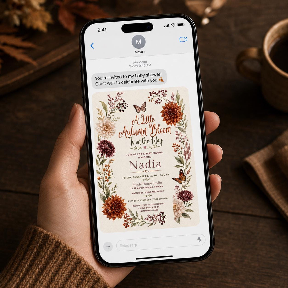 Boho Fall Floral Baby Shower Invitation — digital invitation, instant download