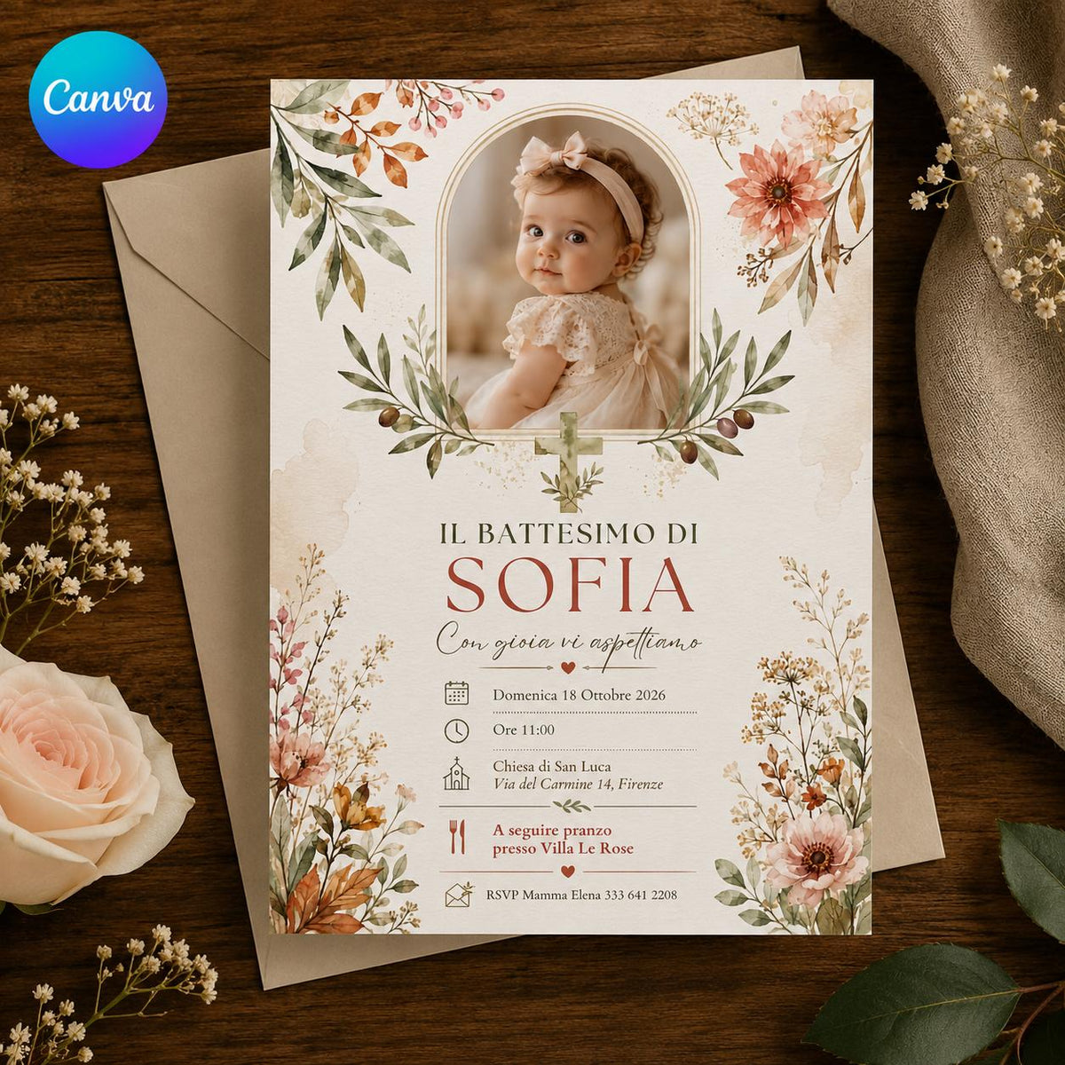 Boho Floral Italian Baptism Invitation for Girls — editable Canva template
