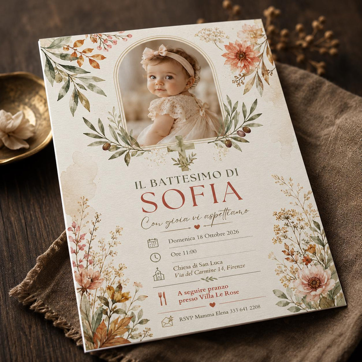 Boho Floral Italian Baptism Invitation for Girls — baptism stationery by VoltBy
