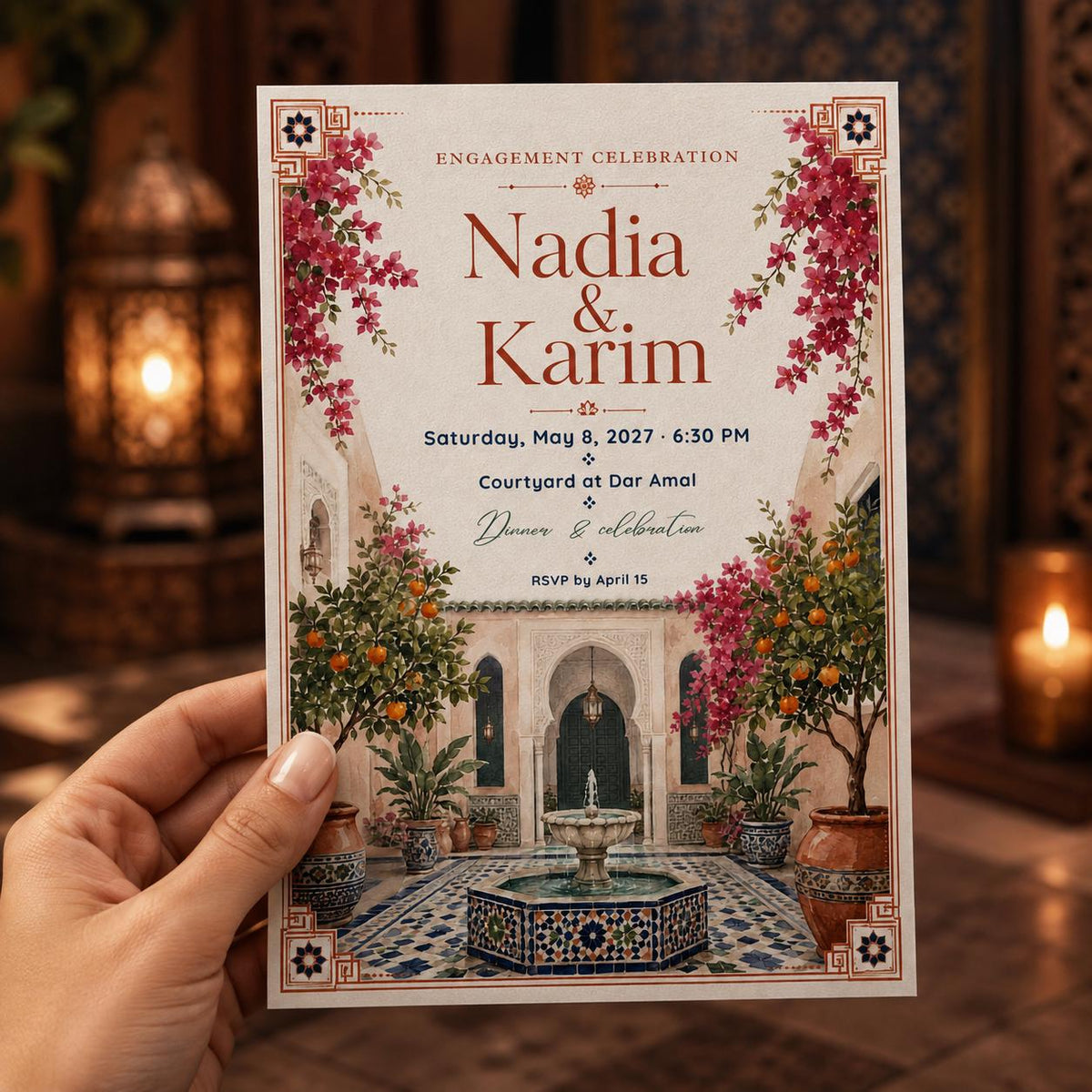 Boho Floral Moroccan Engagement Invitation — invitation you personalize in Canva