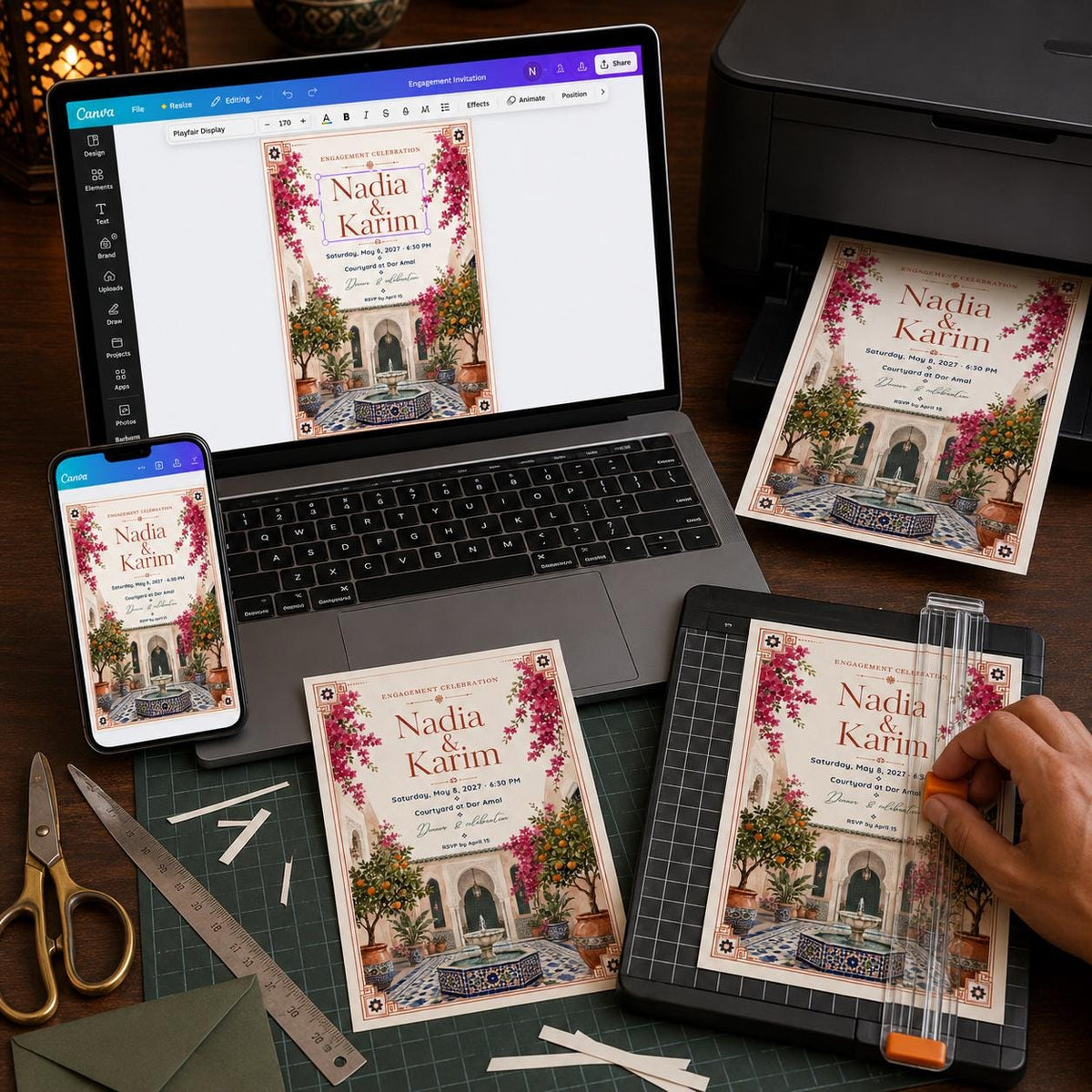 Boho Floral Moroccan Engagement Invitation — print-ready engagement party design from VoltBy