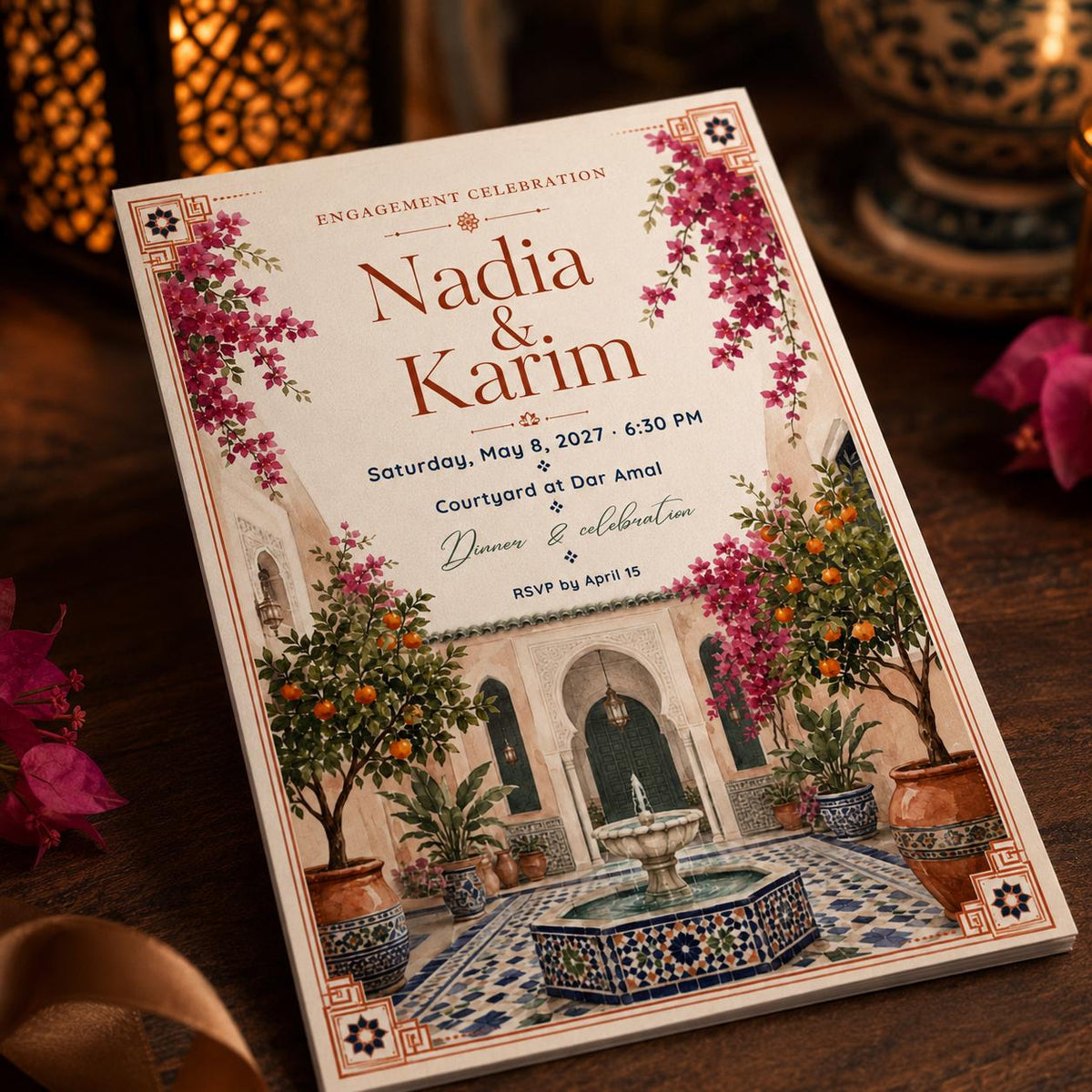 Boho Floral Moroccan Engagement Invitation — digital invitation, instant download