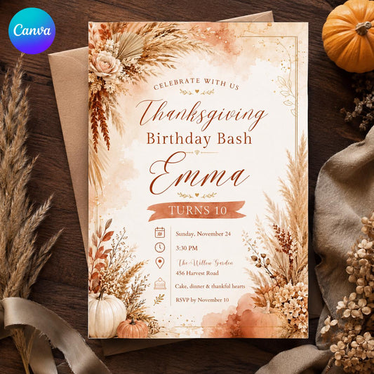 Boho Floral Thanksgiving 10th Birthday Invitation for Girls — editable Canva template