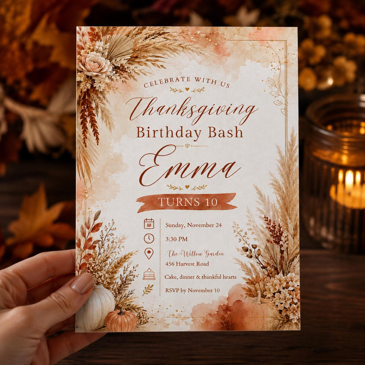 Boho Floral Thanksgiving 10th Birthday Invitation for Girls — invitation you personalize in Canva