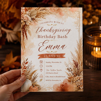 Boho Floral Thanksgiving 10th Birthday Invitation for Girls — invitation you personalize in Canva