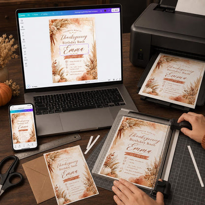 Boho Floral Thanksgiving 10th Birthday Invitation for Girls — print-ready 10th birthday party design from VoltBy