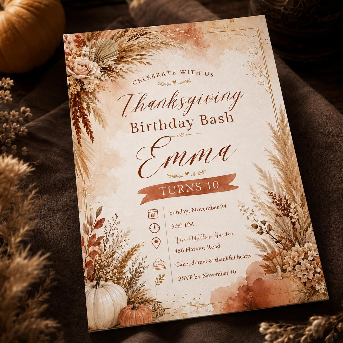 Boho Floral Thanksgiving 10th Birthday Invitation for Girls — digital invitation, instant download