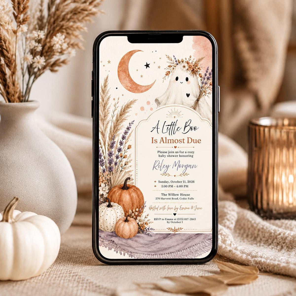 Boho Ghost Baby Shower Invitation — print-ready baby shower design from VoltBy