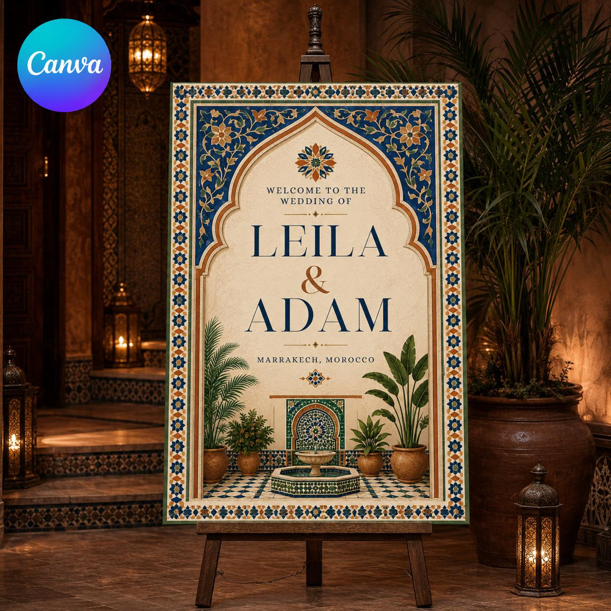 Boho Moroccan Wedding Welcome Sign — editable Canva template