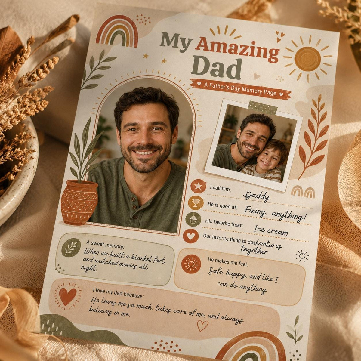 Boho My Amazing Dad Photo Worksheet in cream and green