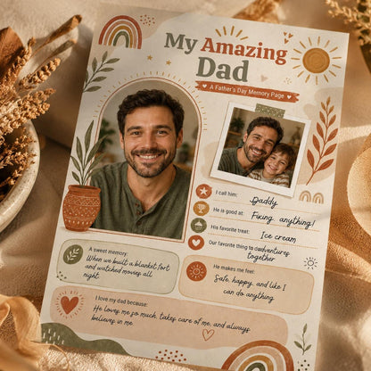 Boho My Amazing Dad Photo Worksheet in cream and green