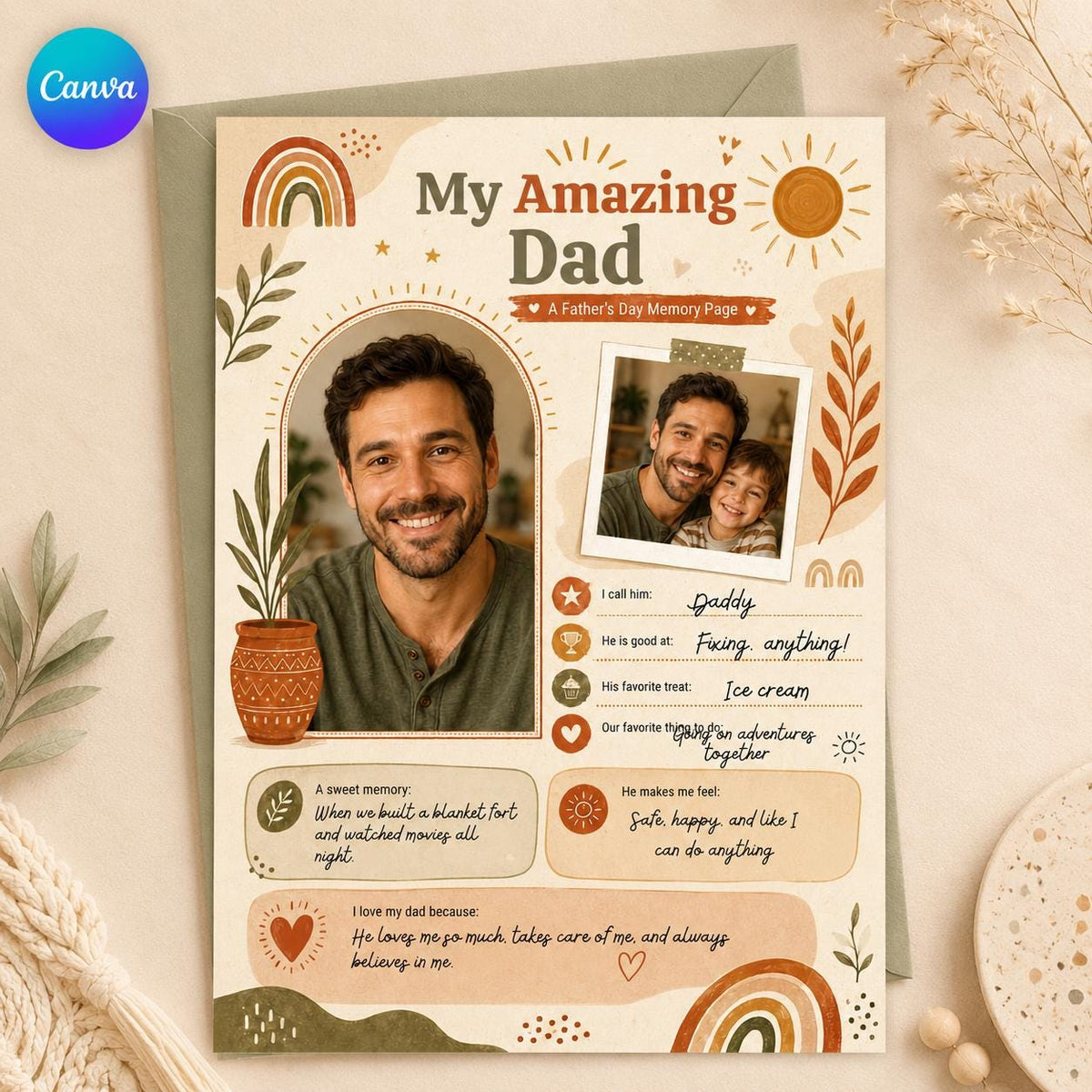 Boho My Amazing Dad Photo Worksheet — printable worksheet you personalize in Canva