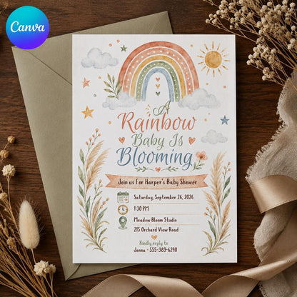 Boho Pastel Rainbow Baby Shower Invitation — editable Canva template