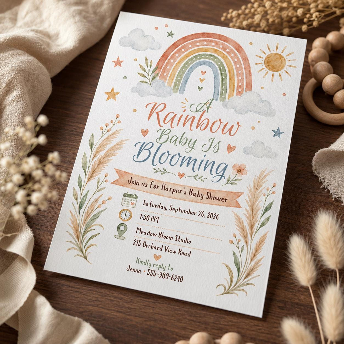 Boho Pastel Rainbow Baby Shower Invitation — invitation you personalize in Canva