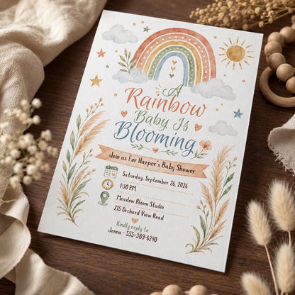 Boho Pastel Rainbow Baby Shower Invitation — invitation you personalize in Canva