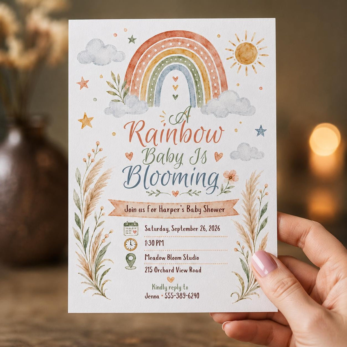 Boho Pastel Rainbow Baby Shower Invitation — print-ready baby shower design from VoltBy