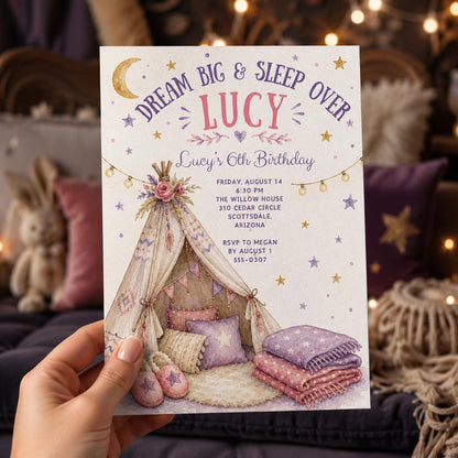 Boho Pastel Sleepover 6th Birthday Invitation for Girls — print-ready 6th birthday party design from VoltBy