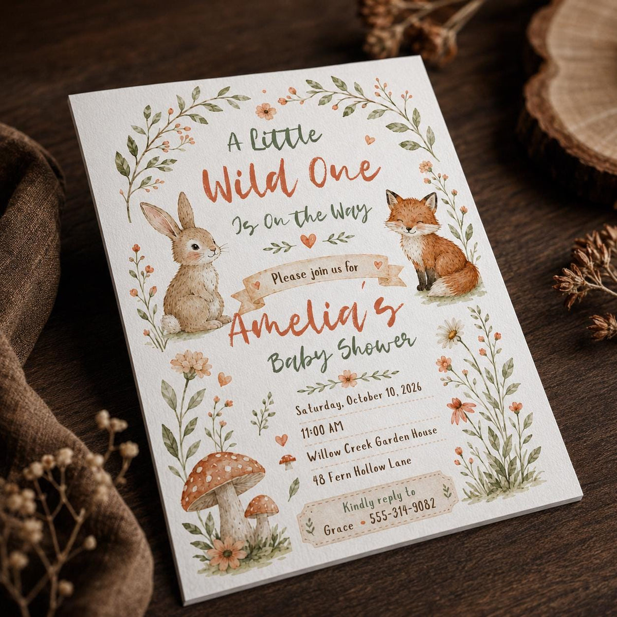 Boho Rustic Woodland Baby Shower Invitation — invitation you personalize in Canva